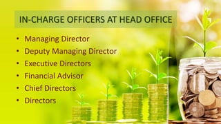 IN-CHARGE OFFICERS AT HEAD OFFICE
• Managing Director
• Deputy Managing Director
• Executive Directors
• Financial Advisor
• Chief Directors
• Directors
 