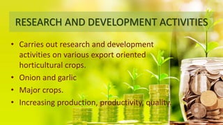 RESEARCH AND DEVELOPMENT ACTIVITIES
• Carries out research and development
activities on various export oriented
horticultural crops.
• Onion and garlic
• Major crops.
• Increasing production, productivity, quality.
 
