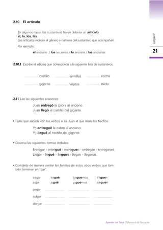 Lengua4º
21
Aprender con Todos / Ministerio de Educación
2.11 Lee las siguientes oraciones:
Juan entregó la cabra al anciano.
Juan llegó al castillo del gigante.
• Fíjate qué sucede con los verbos si es Juan el que relata los hechos:
Yo entregué la cabra al anciano.
Yo llegué al castillo del gigante.
• Observa las siguientes formas verbales:
Entregar - entregué - entreguen - entregan - entregaron.
Llegar - llegué - lleguen - llegan - llegaron.
• Completa de manera similar las familias de estos otros verbos que tam-
bién terminan en “gar”.
tragar tragué traguemos traguen
jugar jugué juguemos jueguen
pegar
colgar
alargar
2.10 El artículo
En algunos casos los sustantivos llevan delante un artículo:
el, la, los, las.
Los artículos indican el género y número del sustantivo que acompañan.
Por ejemplo:
el anciano / los ancianos / la anciana / las ancianas
2.10.1 Escribe el artículo que corresponda a la siguiente lista de sustantivos.
castillo
gigante
noche
ruido
semillas
viejitos
 
