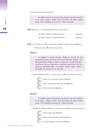 Lengua4º
24
Ministerio de Educación / Aprender con Todos
Este párrafo tiene 3 oraciones:
La ballena azul es el animal más grande que haya existido
en la Tierra. Llega a medir unos 26 metros de largo. Puede
pesar 130 toneladas, ¡el peso de 1.500 hombres!
3.1.1 Responde: ¿Cuántos párrafos tiene cada texto?
El texto sobre las ballenas tiene párrafos.
El texto sobre los elefantes tiene párrafos.
3.1.2 Lee cada uno de los siguientes párrafos acerca de las ballenas.
• Marca con una X el tema que trata.
Párrafo 1:
“La ballena no posee dientes. Atrapa su comida en una
especie de tamiz que tiene en la boca, llamado “barba”. Con
las barbas filtra el agua y retiene el alimento. Se alimenta prin-
cipalmente de unos pequeños crustáceos parecidos a los lan-
gostinos, llamados krill, y de peces. Puede ingerir hasta 4
toneladas de comida en un solo día.”
Cómo es el cuerpo de las ballenas
Cómo nacen las crías de las ballenas
Qué comen las ballenas
Qué comen las ballenas
Cómo es el cuerpo de las ballenas
En qué lugares viven las ballenas
• Este párrafo informa… (marca con una X la respuesta correcta):
Párrafo 2:
“La ballena azul es el animal más grande que haya existido
en la Tierra. Llega a medir unos 26 metros de largo. Puede
pesar 130 toneladas ¡el peso de 1.500 hombres!”
• El párrafo anterior informa… (marca con una X la respuesta correcta):
 