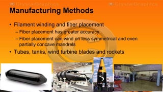 Manufacturing Methods
• Filament winding and fiber placement
  – Fiber placement has greater accuracy
  – Fiber placement can wind on less symmetrical and even
    partially concave mandrels
• Tubes, tanks, wind turbine blades and rockets
 
