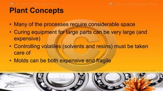 Plant Concepts
• Many of the processes require considerable space
• Curing equipment for large parts can be very large (and
  expensive)
• Controlling volatiles (solvents and resins) must be taken
  care of
• Molds can be both expensive and fragile
 