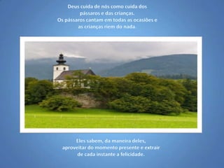 Deus cuida de nós como cuida dos pássaros e das crianças. Os pássaros cantam em todas as ocasiões e as crianças riem do nada.Eles sabem, da maneira deles, aproveitar do momento presente e extrair de cada instante a felicidade.