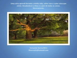 Uma coisaaprendidurante a minhavida, sofrernao e a piorcoisaqueexiste. Desobedecer a Deus e a pior de todas as coisas.Sinceramente,Fernanda Torres/2011fftorres65@hotmail.com