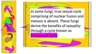 In some fungi, true sexual cycle
comprising of nuclear fusion and
meiosis is absent. These fungi
derive the benefits of sexuality
through a cycle known as
Parasexual Cycle.
 