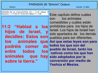 35
PARASHÁ 26 “Shimini” Octavo
Edicion: Regresando a las Raices de la Fe – regresandoalasraicesdelafe@gmail.com Estudio: K. Blad
11:2 “Hablad a los
hijos de Israel, y
decidles: Estos son
los animales que
podréis comer de
entre todos los
animales que hay
sobre la tierra.”
Este capítulo define cuáles
son los animales
comestibles y cuáles están
prohibidos para los hijos de
Israel. Los hijos de Israel han
sido apartados de los demás
pueblos para ser diferentes.
Así que estas leyes son para
todos los que son del
pueblo de Israel, tanto los
nativos como los que han
sido adoptados por la
conversión por medio de
Yeshúa el Mesías.
PORCIÓN DE LA Torah:LEVíTICO 19:1 – 11:47; Haftará: 2
Samuel 6:1 – 7:17 (A); 6:1-19 (S); B.H::Mateo 7:1 – 9:38
 