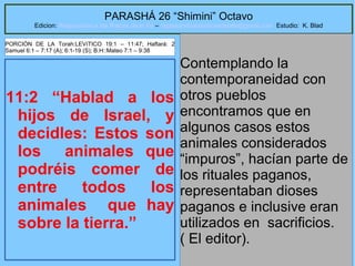 39
PARASHÁ 26 “Shimini” Octavo
Edicion: Regresando a las Raices de la Fe – regresandoalasraicesdelafe@gmail.com Estudio: K. Blad
11:2 “Hablad a los
hijos de Israel, y
decidles: Estos son
los animales que
podréis comer de
entre todos los
animales que hay
sobre la tierra.”
Contemplando la
contemporaneidad con
otros pueblos
encontramos que en
algunos casos estos
animales considerados
“impuros”, hacían parte de
los rituales paganos,
representaban dioses
paganos e inclusive eran
utilizados en sacrificios.
( El editor).
PORCIÓN DE LA Torah:LEVíTICO 19:1 – 11:47; Haftará: 2
Samuel 6:1 – 7:17 (A); 6:1-19 (S); B.H::Mateo 7:1 – 9:38
 