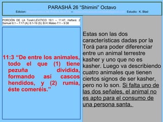 43
PARASHÁ 26 “Shimini” Octavo
Edicion: Regresando a las Raices de la Fe – regresandoalasraicesdelafe@gmail.com Estudio: K. Blad
11:3 “De entre los animales,
todo el que (1) tiene
pezuña dividida,
formando así cascos
hendidos, y (2) rumia,
éste comeréis.”
Estas son las dos
características dadas por la
Torá para poder diferenciar
entre un animal terrestre
kasher y uno que no es
kasher. Luego va describiendo
cuatro animales que tienen
ciertos signos de ser kasher,
pero no lo son. Si falta uno de
las dos señales, el animal no
es apto para el consumo de
una persona santa.
PORCIÓN DE LA Torah:LEVíTICO 19:1 – 11:47; Haftará: 2
Samuel 6:1 – 7:17 (A); 6:1-19 (S); B.H::Mateo 7:1 – 9:38
 