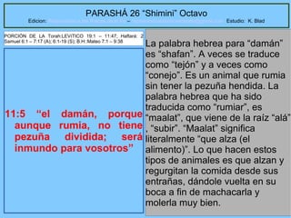 51
PARASHÁ 26 “Shimini” Octavo
Edicion: Regresando a las Raices de la Fe – regresandoalasraicesdelafe@gmail.com Estudio: K. Blad
11:5 “el damán, porque
aunque rumia, no tiene
pezuña dividida; será
inmundo para vosotros”
La palabra hebrea para “damán”
es “shafan”. A veces se traduce
como “tejón” y a veces como
“conejo”. Es un animal que rumia
sin tener la pezuña hendida. La
palabra hebrea que ha sido
traducida como “rumiar”, es
“maalat”, que viene de la raíz “alá”
, “subir”. “Maalat” significa
literalmente “que alza (el
alimento)”. Lo que hacen estos
tipos de animales es que alzan y
regurgitan la comida desde sus
entrañas, dándole vuelta en su
boca a fin de machacarla y
molerla muy bien.
PORCIÓN DE LA Torah:LEVíTICO 19:1 – 11:47; Haftará: 2
Samuel 6:1 – 7:17 (A); 6:1-19 (S); B.H::Mateo 7:1 – 9:38
 
