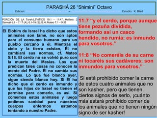 54
PARASHÁ 26 “Shimini” Octavo
Edicion: Regresando a las Raices de la Fe – regresandoalasraicesdelafe@gmail.com Estudio: K. Blad
El Elohim de Israel ha dicho que estos
animales son tamé, no son aptos
para el consumo humano para un
pueblo cercano a él. Mientras el
cielo y la tierra existan, Él no
cambiará sus normas, cf. Mateo
5:18. El cerdo no se volvió puro con
la muerte del Mesías. Los que
predican tales cosas no conocen la
mente del Padre. Él no cambia sus
normas. Lo que fue blanco ayer,
sigue siendo blanco hoy. Si Él ha
dicho que el cerdo es inmundo y
que los hijos de Israel no tienen el
permiso para comerlo, es así. Si
comemos estos animales y luego
pedimos sanidad para nuestros
cuerpos enfermos estamos
tentando a nuestro Padre.
11:7 “y el cerdo, porque aunque
tiene pezuña dividida,
formando así un casco
hendido, no rumia; es inmundo
para vosotros.”
11:8 “No comeréis de su carne
ni tocaréis sus cadáveres; son
inmundos para vosotros.”
Si está prohibido comer la carne
de estos cuatro animales que no
son kasher, pero que tienen
ciertos signos de serlo, ¡cuánto
más estará prohibido comer de
los animales que no tienen ningún
signo de ser kasher!
PORCIÓN DE LA Torah:LEVíTICO 19:1 – 11:47; Haftará: 2
Samuel 6:1 – 7:17 (A); 6:1-19 (S); B.H::Mateo 7:1 – 9:38
 