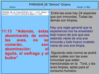 57
PARASHÁ 26 “Shimini” Octavo
Edicion: Regresando a las Raices de la Fe – regresandoalasraicesdelafe@gmail.com Estudio: K. Blad
11:13 “Además, éstas
abominaréis de entre
las aves, no se
comerán, son
abominación: el
águila, el osífrago y el
buitre”
Entre las aves hay 24 especies
que son inmundas. Todas las
demás son limpias.
Hay una regla general que la
experiencia nos ha enseñado:
todo huevo de ave que sea
redondo viene de una ave
inmunda y todo huevo ovalado
viene de una ave limpia.
Siguiendo esta norma se podrá
saber cuáles son las aves
inmundas que están
mencionadas en la Torá, y las
aves limpias, aptas para el
consumo humano.
PORCIÓN DE LA Torah:LEVíTICO 19:1 – 11:47; Haftará: 2
Samuel 6:1 – 7:17 (A); 6:1-19 (S); B.H::Mateo 7:1 – 9:38
 