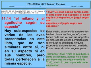 59
PARASHÁ 26 “Shimini” Octavo
Edicion: Regresando a las Raices de la Fe – regresandoalasraicesdelafe@gmail.com Estudio: K. Blad
11:14 “el milano y el
aguilucho según su
especie”
Hay sub-especies de
varias de las aves
presentadas en esta
lista, que no son
similares entre sí, ni
en su aspecto ni en
sus nombres, pero
todas pertenecen a la
misma especie.
11:22 “De ellos podéis comer éstos:
el arbe según sus especies, el salam
según sus especies, el jargol según
sus
especies y el jagab según sus
especies.”
Estas cuatro especies de saltamontes,
también llamadas “langostas”, si no
tienen nada que ver con las langostas
de mar, son las únicas permitidas por
la Torá. En la actualidad ninguna
especie de saltamontes es permitida.
El que come sin estar seguro, peca.
Romanos 14:23: “Pero el que duda, si
come se condena, porque no lo hace
por fe (certeza de lo que enseña la
Torá); y todo lo que no procede de fe,
es pecado.”
PORCIÓN DE LA Torah:LEVíTICO 19:1 – 11:47; Haftará: 2
Samuel 6:1 – 7:17 (A); 6:1-19 (S); B.H::Mateo 7:1 – 9:38
 