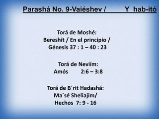 Parashá No. 9-Vaiéshev /            Y hab-itó


          Torá de Moshé:
     Bereshít / En el principio /
       Génesis 37 : 1 – 40 : 23

          Torá de Neviím:
         Amós      2:6 – 3:8

       Torá de B´rit Hadashá:
         Ma´sé Sheliajim/
          Hechos 7: 9 - 16
 