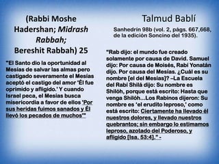 (Rabbi Moshe                                Talmud Bablí
   Hadershan; Midrash                  Sanhedrín 98b (vol. 2, págs. 667,668,
                                       de la edición Soncino del 1935).
         Rabbah;
   Bereshit Rabbah) 25               “Rab dijo: el mundo fue creado
                                     solamente por causa de David. Samuel
"El Santo dio la oportunidad al      dijo: Por causa de Moisés, Rabí Yonatán
Mesías de salvar las almas pero      dijo. Por causa del Mesías. ¿Cuál es su
castigado severamente el Mesías      nombre [el del Mesías]? –La Escuela
aceptó el castigo del amor 'Él fue   del Rabí Shilá dijo: Su nombre es
oprimido y afligido.' Y cuando       Shilóh, porque está escrito: Hasta que
Israel peca, el Mesías busca         venga Shilóh...Los Rabinos dijeron: Su
misericordia a favor de ellos 'Por   nombre es „el erudito leproso,‟ como
sus heridas fuimos sanados y Él      está escrito: Ciertamente ha llevado él
llevó los pecados de muchos'"        nuestros dolores, y llevado nuestros
                                     quebrantos; sin embargo lo estimamos
                                     leproso, azotado del Poderoso, y
                                     afligido [Isa. 53:4].” -
 
