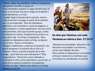 "Ahora, oigan otra parábola. Había un campesino
que plantó una viña. Le puso un
muro alrededor, preparó un lagar donde hacer el
vino, y construyó una torre; luego se la alquiló a
unos labradores, y se fue.
 Cuando llegó el tiempo de la cosecha, envió a
unos sirvientes a recoger la parte de la siembra
que le correspondía. Pero los labradores
agarraron a los sirvientes; a unos les pegaron, a
otros mataron y a otros apedrearon. Así que envió
otro sirvientes, más que el primer grupo, a ellos
les hicieron lo mismo. Finalmente les envió a su      Es obio que Yahshua, con esta
hijo, dicie ndo: 'A mi hijo sí respetarán.' Pero
cuando los labradores vieron al hijo, se dijeron      Parabola se referia a Gen. 37:23-27
uno al otro: 'Este es el heredero.
                                                       Mientras los principales kohanim y los
¡Vengan, matémosle, y cojamos la herencia!' Así
                                                      Perushim escuchaban sus historias,
que le atraparon, le echaron de la viña y le
                                                      vieron que hablaba de ellos.
mataron. Ahora, cuando el dueño de la viña
                                                      Pero cuando se dispusieron a arrestarlo,
venga, ¿qué hará con esos labradores?" Ellos
                                                      sintieron miedo de la multitud; pues
respondieron: "Destruirá a esos malvados y
                                                      la multitud le consideraba un profeta
arrendará la viña a otros labradores, que le den su
parte de la cosecha cuando le corresponda."
Yahshúa les dijo: "¿Nunca han leído en el Tanaj:
Mattitya 21:33-42
 