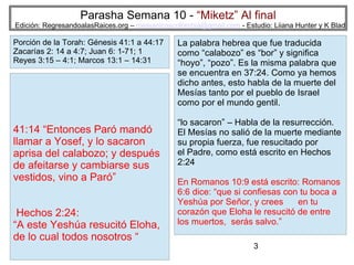 3
Parasha Semana 10 - “Miketz” Al final
Edición: RegresandoalasRaices.org – mesianicoscolombia@gmail.com - Estudio: Liiana Hunter y K Blad
La palabra hebrea que fue traducida
como “calabozo” es “bor” y significa
“hoyo”, “pozo”. Es la misma palabra que
se encuentra en 37:24. Como ya hemos
dicho antes, esto habla de la muerte del
Mesías tanto por el pueblo de Israel
como por el mundo gentil.
“lo sacaron” – Habla de la resurrección.
El Mesías no salió de la muerte mediante
su propia fuerza, fue resucitado por
el Padre, como está escrito en Hechos
2:24
En Romanos 10:9 está escrito: Romanos
6:6 dice: “que si confiesas con tu boca a
Yeshúa por Señor, y crees en tu
corazón que Eloha le resucitó de entre
los muertos, serás salvo.”
41:14 “Entonces Paró mandó
llamar a Yosef, y lo sacaron
aprisa del calabozo; y después
de afeitarse y cambiarse sus
vestidos, vino a Paró”
Hechos 2:24:
“A este Yeshúa resucitó Eloha,
de lo cual todos nosotros “
Porción de la Torah: Génesis 41:1 a 44:17
Zacarías 2: 14 a 4:7; Juan 6: 1-71; 1
Reyes 3:15 – 4:1; Marcos 13:1 – 14:31
 