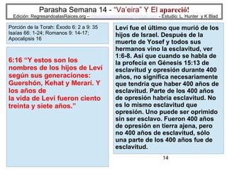14
Parasha Semana 14 - “Va’eira” Y El apareció!
Edición: RegresandoalasRaices.org – mesianicoscolombia@gmail.com - Estudio: L. Hunter y K Blad
Leví fue el último que murió de los
hijos de Israel. Después de la
muerte de Yosef y todos sus
hermanos vino la esclavitud, ver
1:6-8. Así que cuando se habla de
la profecía en Génesis 15:13 de
esclavitud y opresión durante 400
años, no significa necesariamente
que tendría que haber 400 años de
esclavitud. Parte de los 400 años
de opresión habría esclavitud. No
es lo mismo esclavitud que
opresión. Uno puede ser oprimido
sin ser esclavo. Fueron 400 años
de opresión en tierra ajena, pero
no 400 años de esclavitud, sólo
una parte de los 400 años fue de
esclavitud.
6:16 “Y estos son los
nombres de los hijos de Leví
según sus generaciones:
Guershón, Kehat y Merarí. Y
los años de
la vida de Leví fueron ciento
treinta y siete años.”
Porción de la Torah: Éxodo 6: 2 a 9: 35
Isaías 66: 1-24; Romanos 9: 14-17;
Apocalipsis 16
 