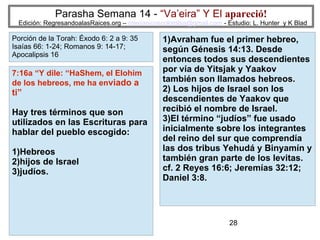 28
Parasha Semana 14 - “Va’eira” Y El apareció!
Edición: RegresandoalasRaices.org – mesianicoscolombia@gmail.com - Estudio: L. Hunter y K Blad
1)Avraham fue el primer hebreo,
según Génesis 14:13. Desde
entonces todos sus descendientes
por vía de Yitsjak y Yaakov
también son llamados hebreos.
2) Los hijos de Israel son los
descendientes de Yaakov que
recibió el nombre de Israel.
3)El término “judíos” fue usado
inicialmente sobre los integrantes
del reino del sur que comprendía
las dos tribus Yehudá y Binyamín y
también gran parte de los levitas.
cf. 2 Reyes 16:6; Jeremías 32:12;
Daniel 3:8.
7:16a “Y dile: “HaShem, el Elohim
de los hebreos, me ha enviado a
ti”
Hay tres términos que son
utilizados en las Escrituras para
hablar del pueblo escogido:
1)Hebreos
2)hijos de Israel
3)judíos.
Porción de la Torah: Éxodo 6: 2 a 9: 35
Isaías 66: 1-24; Romanos 9: 14-17;
Apocalipsis 16
 