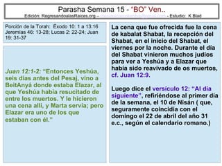 27
Parasha Semana 15 - “BO” Ven..
Edición: RegresandoalasRaices.org – mesianicoscolombia@gmail.com - Estudio: K Blad
La cena que fue ofrecida fue la cena
de kabalat Shabat, la recepción del
Shabat, en el inicio del Shabat, el
viernes por la noche. Durante el día
del Shabat vinieron muchos judíos
para ver a Yeshúa y a Elazar que
había sido reavivado de os muertos,
cf. Juan 12:9.
Luego dice el versículo 12: “Al día
siguiente”, refiriéndose al primer día
de la semana, el 10 de Nisán ( que,
seguramente coincidía con el
domingo el 22 de abril del año 31
e.c., según el calendario romano.)
Juan 12:1-2: “Entonces Yeshúa,
seis días antes del Pesaj, vino a
BeitAnyá donde estaba Elazar, al
que Yeshúa había resucitado de
entre los muertos. Y le hicieron
una cena allí, y Marta servía; pero
Elazar era uno de los que
estaban con él.”
Porción de la Torah: Éxodo 10: 1 a 13:16
Jeremías 46: 13-28; Lucas 2: 22-24; Juan
19: 31-37
 