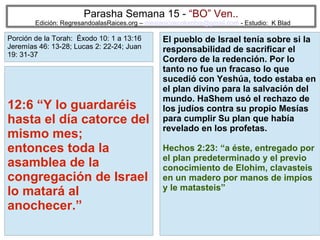 35
Parasha Semana 15 - “BO” Ven..
Edición: RegresandoalasRaices.org – mesianicoscolombia@gmail.com - Estudio: K Blad
El pueblo de Israel tenía sobre si la
responsabilidad de sacrificar el
Cordero de la redención. Por lo
tanto no fue un fracaso lo que
sucedió con Yeshúa, todo estaba en
el plan divino para la salvación del
mundo. HaShem usó el rechazo de
los judíos contra su propio Mesías
para cumplir Su plan que había
revelado en los profetas.
Hechos 2:23: “a éste, entregado por
el plan predeterminado y el previo
conocimiento de Elohim, clavasteis
en un madero por manos de impíos
y le matasteis”
12:6 “Y lo guardaréis
hasta el día catorce del
mismo mes;
entonces toda la
asamblea de la
congregación de Israel
lo matará al
anochecer.”
Porción de la Torah: Éxodo 10: 1 a 13:16
Jeremías 46: 13-28; Lucas 2: 22-24; Juan
19: 31-37
 
