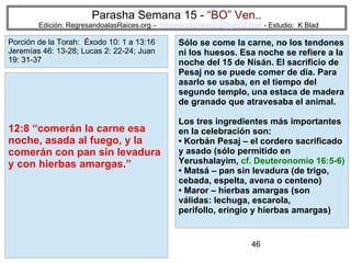 46
Parasha Semana 15 - “BO” Ven..
Edición: RegresandoalasRaices.org – mesianicoscolombia@gmail.com - Estudio: K Blad
Sólo se come la carne, no los tendones
ni los huesos. Esa noche se refiere a la
noche del 15 de Nisán. El sacrificio de
Pesaj no se puede comer de día. Para
asarlo se usaba, en el tiempo del
segundo templo, una estaca de madera
de granado que atravesaba el animal.
Los tres ingredientes más importantes
en la celebración son:
• Korbán Pesaj – el cordero sacrificado
y asado (sólo permitido en
Yerushalayim, cf. Deuteronomio 16:5-6)
• Matsá – pan sin levadura (de trigo,
cebada, espelta, avena o centeno)
• Maror – hierbas amargas (son
válidas: lechuga, escarola,
perifollo, eringio y hierbas amargas)
12:8 “comerán la carne esa
noche, asada al fuego, y la
comerán con pan sin levadura
y con hierbas amargas.”
Porción de la Torah: Éxodo 10: 1 a 13:16
Jeremías 46: 13-28; Lucas 2: 22-24; Juan
19: 31-37
 