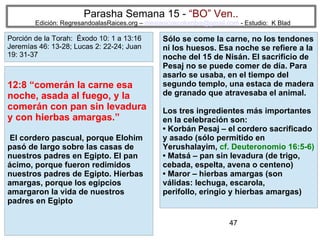 47
Parasha Semana 15 - “BO” Ven..
Edición: RegresandoalasRaices.org – mesianicoscolombia@gmail.com - Estudio: K Blad
Sólo se come la carne, no los tendones
ni los huesos. Esa noche se refiere a la
noche del 15 de Nisán. El sacrificio de
Pesaj no se puede comer de día. Para
asarlo se usaba, en el tiempo del
segundo templo, una estaca de madera
de granado que atravesaba el animal.
Los tres ingredientes más importantes
en la celebración son:
• Korbán Pesaj – el cordero sacrificado
y asado (sólo permitido en
Yerushalayim, cf. Deuteronomio 16:5-6)
• Matsá – pan sin levadura (de trigo,
cebada, espelta, avena o centeno)
• Maror – hierbas amargas (son
válidas: lechuga, escarola,
perifollo, eringio y hierbas amargas)
12:8 “comerán la carne esa
noche, asada al fuego, y la
comerán con pan sin levadura
y con hierbas amargas.”
El cordero pascual, porque Elohim
pasó de largo sobre las casas de
nuestros padres en Egipto. El pan
ácimo, porque fueron redimidos
nuestros padres de Egipto. Hierbas
amargas, porque los egipcios
amargaron la vida de nuestros
padres en Egipto
Porción de la Torah: Éxodo 10: 1 a 13:16
Jeremías 46: 13-28; Lucas 2: 22-24; Juan
19: 31-37
 