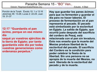 61
Parasha Semana 15 - “BO” Ven..
Edición: RegresandoalasRaices.org – mesianicoscolombia@gmail.com - Estudio: K Blad
Hay que guardar los panes ácimos
para que no fermenten y guardar el
día para no hacer labores. El
proceso de fermentación en el pan
representa el pecado. El pecado
está simbolizado por la esclavitud
en Egipto. La salida de Egipto, que
ocurrió justo después del sacrificio
del cordero de Pesaj, está
relacionada con el pan sin levadura.
Esto nos enseña que la muerte del
Mesías produce libertad de la
esclavitud del pecado. El sacrificio
del Cordero es la condición para
poder celebrar la fiesta de la
libertad. Sin una persona no se
apropia de la muerte del Mesías, no
será liberada de la esclavitud del
pecado y de la muerte.
12:17 “Guardaréis el pan
ácimo, porque en ese mismo
día
saqué yo vuestros ejércitos de
la tierra de Egipto; por tanto
guardaréis este día por todas
vuestras generaciones como
ordenanza perpetua.”
Porción de la Torah: Éxodo 10: 1 a 13:16
Jeremías 46: 13-28; Lucas 2: 22-24; Juan
19: 31-37
 