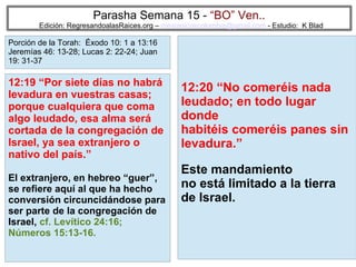 62
Parasha Semana 15 - “BO” Ven..
Edición: RegresandoalasRaices.org – mesianicoscolombia@gmail.com - Estudio: K Blad
12:20 “No comeréis nada
leudado; en todo lugar
donde
habitéis comeréis panes sin
levadura.”
Este mandamiento
no está limitado a la tierra
de Israel.
12:19 “Por siete días no habrá
levadura en vuestras casas;
porque cualquiera que coma
algo leudado, esa alma será
cortada de la congregación de
Israel, ya sea extranjero o
nativo del país.”
El extranjero, en hebreo “guer”,
se refiere aquí al que ha hecho
conversión circuncidándose para
ser parte de la congregación de
Israel, cf. Levítico 24:16;
Números 15:13-16.
Porción de la Torah: Éxodo 10: 1 a 13:16
Jeremías 46: 13-28; Lucas 2: 22-24; Juan
19: 31-37
 