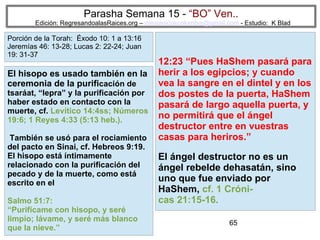 65
Parasha Semana 15 - “BO” Ven..
Edición: RegresandoalasRaices.org – mesianicoscolombia@gmail.com - Estudio: K Blad
12:23 “Pues HaShem pasará para
herir a los egipcios; y cuando
vea la sangre en el dintel y en los
dos postes de la puerta, HaShem
pasará de largo aquella puerta, y
no permitirá que el ángel
destructor entre en vuestras
casas para heriros.”
El ángel destructor no es un
ángel rebelde dehasatán, sino
uno que fue enviado por
HaShem, cf. 1 Cróni-
cas 21:15-16.
El hisopo es usado también en la
ceremonia de la purificación de
tsaráat, “lepra” y la purificación por
haber estado en contacto con la
muerte, cf. Levítico 14:4ss; Números
19:6; 1 Reyes 4:33 (5:13 heb.).
También se usó para el rociamiento
del pacto en Sinai, cf. Hebreos 9:19.
El hisopo está íntimamente
relacionado con la purificación del
pecado y de la muerte, como está
escrito en el
Salmo 51:7:
“Purifícame con hisopo, y seré
limpio; lávame, y seré más blanco
que la nieve.”
Porción de la Torah: Éxodo 10: 1 a 13:16
Jeremías 46: 13-28; Lucas 2: 22-24; Juan
19: 31-37
 