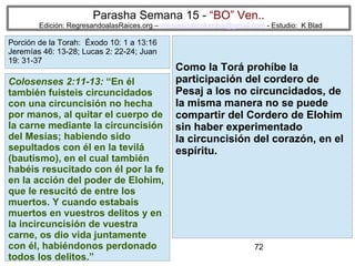 72
Parasha Semana 15 - “BO” Ven..
Edición: RegresandoalasRaices.org – mesianicoscolombia@gmail.com - Estudio: K Blad
Como la Torá prohíbe la
participación del cordero de
Pesaj a los no circuncidados, de
la misma manera no se puede
compartir del Cordero de Elohim
sin haber experimentado
la circuncisión del corazón, en el
espíritu.
Colosenses 2:11-13: “En él
también fuisteis circuncidados
con una circuncisión no hecha
por manos, al quitar el cuerpo de
la carne mediante la circuncisión
del Mesías; habiendo sido
sepultados con él en la tevilá
(bautismo), en el cual también
habéis resucitado con él por la fe
en la acción del poder de Elohim,
que le resucitó de entre los
muertos. Y cuando estabais
muertos en vuestros delitos y en
la incircuncisión de vuestra
carne, os dio vida juntamente
con él, habiéndonos perdonado
todos los delitos.”
Porción de la Torah: Éxodo 10: 1 a 13:16
Jeremías 46: 13-28; Lucas 2: 22-24; Juan
19: 31-37
 