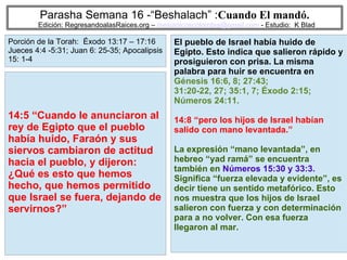 10
Parasha Semana 16 -“Beshalach” :Cuando El mandó.
Edición: RegresandoalasRaices.org – mesianicoscolombia@gmail.com - Estudio: K Blad
El pueblo de Israel había huido de
Egipto. Esto indica que salieron rápido y
prosiguieron con prisa. La misma
palabra para huir se encuentra en
Génesis 16:6, 8; 27:43;
31:20-22, 27; 35:1, 7; Éxodo 2:15;
Números 24:11.
14:8 “pero los hijos de Israel habían
salido con mano levantada.”
La expresión “mano levantada”, en
hebreo “yad ramá” se encuentra
también en Números 15:30 y 33:3.
Significa “fuerza elevada y evidente”, es
decir tiene un sentido metafórico. Esto
nos muestra que los hijos de Israel
salieron con fuerza y con determinación
para a no volver. Con esa fuerza
llegaron al mar.
14:5 “Cuando le anunciaron al
rey de Egipto que el pueblo
había huido, Faraón y sus
siervos cambiaron de actitud
hacia el pueblo, y dijeron:
¿Qué es esto que hemos
hecho, que hemos permitido
que Israel se fuera, dejando de
servirnos?”
Porción de la Torah: Éxodo 13:17 – 17:16
Jueces 4:4 -5:31; Juan 6: 25-35; Apocalipsis
15: 1-4
 