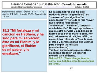 21
Parasha Semana 16 -“Beshalach” :Cuando El mandó.
Edición: RegresandoalasRaices.org – mesianicoscolombia@gmail.com - Estudio: K Blad
La palabra hebrea que ha sido
traducida como “le glorificaré” es
“ve-anvehu” que significa “le
embelleceré” y viene de la raíz “navá”
que significa “descansar”,
“embellecer”, “celebrar”, “preparar
una habitación”. De aquí aprendemos
que nuestro servicio y obediencia al
Eterno debe ser de manera bella. Por
esto adornamos el talit, los tefilín, la
mezuzá, los rollos de la Torá, la suká,
el etrog y demás objetos que usamos
para cumplir las mitsvás
(mandamientos).
También aprendemos que nuestras
alabanzas preparan un lugar de
morada para el Eterno.
Salmo 22:3: “Sin embargo, tú eres
santo, que habitas entre las alabanzas
de Israel.”
15:2 “Mi fortaleza y mi
canción es HaShem, y ha
sido para mí salvación;
éste es mi Elohim, y le
glorificaré, el Elohim
de mi padre, y le
ensalzaré.”
Porción de la Torah: Éxodo 13:17 – 17:16
Jueces 4:4 -5:31; Juan 6: 25-35; Apocalipsis
15: 1-4
 