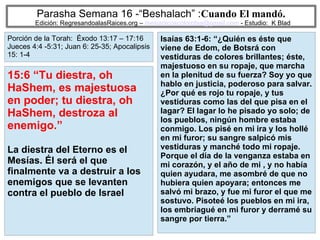 23
Parasha Semana 16 -“Beshalach” :Cuando El mandó.
Edición: RegresandoalasRaices.org – mesianicoscolombia@gmail.com - Estudio: K Blad
Isaías 63:1-6: “¿Quién es éste que
viene de Edom, de Botsrá con
vestiduras de colores brillantes; éste,
majestuoso en su ropaje, que marcha
en la plenitud de su fuerza? Soy yo que
hablo en justicia, poderoso para salvar.
¿Por qué es rojo tu ropaje, y tus
vestiduras como las del que pisa en el
lagar? El lagar lo he pisado yo solo; de
los pueblos, ningún hombre estaba
conmigo. Los pisé en mi ira y los hollé
en mi furor; su sangre salpicó mis
vestiduras y manché todo mi ropaje.
Porque el día de la venganza estaba en
mi corazón, y el año de mi , y no había
quien ayudara, me asombré de que no
hubiera quien apoyara; entonces me
salvó mi brazo, y fue mi furor el que me
sostuvo. Pisoteé los pueblos en mi ira,
los embriagué en mi furor y derramé su
sangre por tierra.”
15:6 “Tu diestra, oh
HaShem, es majestuosa
en poder; tu diestra, oh
HaShem, destroza al
enemigo.”
La diestra del Eterno es el
Mesías. Él será el que
finalmente va a destruir a los
enemigos que se levanten
contra el pueblo de Israel
Porción de la Torah: Éxodo 13:17 – 17:16
Jueces 4:4 -5:31; Juan 6: 25-35; Apocalipsis
15: 1-4
 