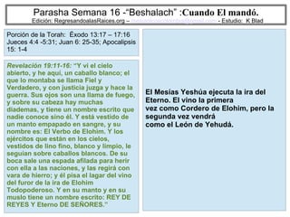 24
Parasha Semana 16 -“Beshalach” :Cuando El mandó.
Edición: RegresandoalasRaices.org – mesianicoscolombia@gmail.com - Estudio: K Blad
El Mesías Yeshúa ejecuta la ira del
Eterno. El vino la primera
vez como Cordero de Elohim, pero la
segunda vez vendrá
como el León de Yehudá.
Revelación 19:11-16: “Y vi el cielo
abierto, y he aquí, un caballo blanco; el
que lo montaba se llama Fiel y
Verdadero, y con justicia juzga y hace la
guerra. Sus ojos son una llama de fuego,
y sobre su cabeza hay muchas
diademas, y tiene un nombre escrito que
nadie conoce sino él. Y está vestido de
un manto empapado en sangre, y su
nombre es: El Verbo de Elohim. Y los
ejércitos que están en los cielos,
vestidos de lino fino, blanco y limpio, le
seguían sobre caballos blancos. De su
boca sale una espada afilada para herir
con ella a las naciones, y las regirá con
vara de hierro; y él pisa el lagar del vino
del furor de la ira de Elohim
Todopoderoso. Y en su manto y en su
muslo tiene un nombre escrito: REY DE
REYES Y Eterno DE SEÑORES.”
Porción de la Torah: Éxodo 13:17 – 17:16
Jueces 4:4 -5:31; Juan 6: 25-35; Apocalipsis
15: 1-4
 