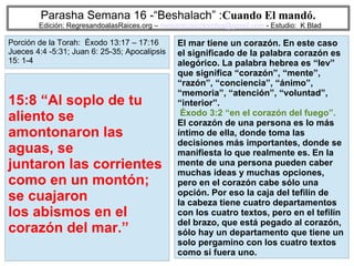 25
Parasha Semana 16 -“Beshalach” :Cuando El mandó.
Edición: RegresandoalasRaices.org – mesianicoscolombia@gmail.com - Estudio: K Blad
El mar tiene un corazón. En este caso
el significado de la palabra corazón es
alegórico. La palabra hebrea es “lev”
que significa “corazón”, “mente”,
“razón”, “conciencia”, “ánimo”,
“memoria”, “atención”, “voluntad”,
“interior”.
Éxodo 3:2 “en el corazón del fuego”.
El corazón de una persona es lo más
íntimo de ella, donde toma las
decisiones más importantes, donde se
manifiesta lo que realmente es. En la
mente de una persona pueden caber
muchas ideas y muchas opciones,
pero en el corazón cabe sólo una
opción. Por eso la caja del tefilín de
la cabeza tiene cuatro departamentos
con los cuatro textos, pero en el tefilín
del brazo, que está pegado al corazón,
sólo hay un departamento que tiene un
solo pergamino con los cuatro textos
como si fuera uno.
15:8 “Al soplo de tu
aliento se
amontonaron las
aguas, se
juntaron las corrientes
como en un montón;
se cuajaron
los abismos en el
corazón del mar.”
Porción de la Torah: Éxodo 13:17 – 17:16
Jueces 4:4 -5:31; Juan 6: 25-35; Apocalipsis
15: 1-4
 