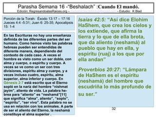 32
Parasha Semana 16 -“Beshalach” :Cuando El mandó.
Edición: RegresandoalasRaices.org – mesianicoscolombia@gmail.com - Estudio: K Blad
Isaías 42:5: “Así dice Elohim
HaShem, que crea los cielos y
los extiende, que afirma la
tierra y lo que de ella brota,
que da aliento (neshamá) al
pueblo que hay en ella, y
espíritu (ruaj) a los que por
ella andan”
Proverbios 20:27: “Lámpara
de HaShem es el espíritu
(neshamá) del hombre que
escudriña lo más profundo de
su ser.”
En las Escrituras no hay una enseñanza
definida de las diferentes partes del ser
humano. Como hemos visto las palabras
hebreas pueden ser entendidas de
diferente manera, dependiendo del
contexto de cada caso. A veces el
hombre es visto como un ser doble, con
alma y cuerpo, o espíritu y cuerpo. A
veces se ve como un ser con tres
divisiones, espíritu alma y cuerpo, y a
veces incluso cuatro, espíritu, alma
superior, alma inferior y cuerpo. En
Génesis 2:7 está escrito que el Eterno
sopló en la nariz del hombre “nishmat
jayim”, aliento de vida. La palabra he-
brea para “aliento” es “neshamá”[11]
que significa “alma”, aliento”, “soplo”,
“espíritu”, “ser vivo”. Esta palabra no se
usa en relación con los animales. A parte
de ser el aliento del Eterno, la neshamá
constituye el alma superior .
Porción de la Torah: Éxodo 13:17 – 17:16
Jueces 4:4 -5:31; Juan 6: 25-35; Apocalipsis
15: 1-4
 