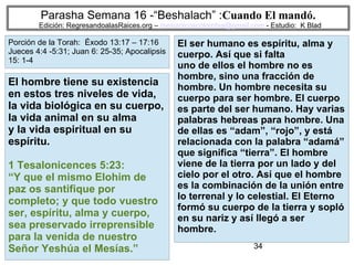 34
Parasha Semana 16 -“Beshalach” :Cuando El mandó.
Edición: RegresandoalasRaices.org – mesianicoscolombia@gmail.com - Estudio: K Blad
El ser humano es espíritu, alma y
cuerpo. Así que si falta
uno de ellos el hombre no es
hombre, sino una fracción de
hombre. Un hombre necesita su
cuerpo para ser hombre. El cuerpo
es parte del ser humano. Hay varias
palabras hebreas para hombre. Una
de ellas es “adam”, “rojo”, y está
relacionada con la palabra “adamá”
que significa “tierra”. El hombre
viene de la tierra por un lado y del
cielo por el otro. Así que el hombre
es la combinación de la unión entre
lo terrenal y lo celestial. El Eterno
formó su cuerpo de la tierra y sopló
en su nariz y así llegó a ser
hombre.
El hombre tiene su existencia
en estos tres niveles de vida,
la vida biológica en su cuerpo,
la vida animal en su alma
y la vida espiritual en su
espíritu.
1 Tesalonicences 5:23:
“Y que el mismo Elohim de
paz os santifique por
completo; y que todo vuestro
ser, espíritu, alma y cuerpo,
sea preservado irreprensible
para la venida de nuestro
Señor Yeshúa el Mesías.”
Porción de la Torah: Éxodo 13:17 – 17:16
Jueces 4:4 -5:31; Juan 6: 25-35; Apocalipsis
15: 1-4
 