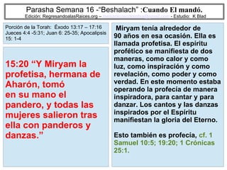42
Parasha Semana 16 -“Beshalach” :Cuando El mandó.
Edición: RegresandoalasRaices.org – mesianicoscolombia@gmail.com - Estudio: K Blad
Miryam tenía alrededor de
90 años en esa ocasión. Ella es
llamada profetisa. El espíritu
profético se manifiesta de dos
maneras, como calor y como
luz, como inspiración y como
revelación, como poder y como
verdad. En este momento estaba
operando la profecía de manera
inspiradora, para cantar y para
danzar. Los cantos y las danzas
inspirados por el Espíritu
manifiestan la gloria del Eterno.
Esto también es profecía, cf. 1
Samuel 10:5; 19:20; 1 Crónicas
25:1.
15:20 “Y Miryam la
profetisa, hermana de
Aharón, tomó
en su mano el
pandero, y todas las
mujeres salieron tras
ella con panderos y
danzas.”
Porción de la Torah: Éxodo 13:17 – 17:16
Jueces 4:4 -5:31; Juan 6: 25-35; Apocalipsis
15: 1-4
 