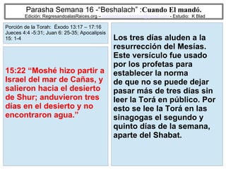 45
Parasha Semana 16 -“Beshalach” :Cuando El mandó.
Edición: RegresandoalasRaices.org – mesianicoscolombia@gmail.com - Estudio: K Blad
Los tres días aluden a la
resurrección del Mesías.
Este versículo fue usado
por los profetas para
establecer la norma
de que no se puede dejar
pasar más de tres días sin
leer la Torá en público. Por
esto se lee la Torá en las
sinagogas el segundo y
quinto días de la semana,
aparte del Shabat.
15:22 “Moshé hizo partir a
Israel del mar de Cañas, y
salieron hacia el desierto
de Shur; anduvieron tres
días en el desierto y no
encontraron agua.”
Porción de la Torah: Éxodo 13:17 – 17:16
Jueces 4:4 -5:31; Juan 6: 25-35; Apocalipsis
15: 1-4
 