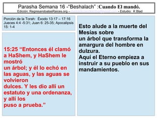 46
Parasha Semana 16 -“Beshalach” :Cuando El mandó.
Edición: RegresandoalasRaices.org – mesianicoscolombia@gmail.com - Estudio: K Blad
Esto alude a la muerte del
Mesías sobre
un árbol que transforma la
amargura del hombre en
dulzura.
Aquí el Eterno empieza a
instruir a su pueblo en sus
mandamientos.
15:25 “Entonces él clamó
a HaShem, y HaShem le
mostró
un árbol; y él lo echó en
las aguas, y las aguas se
volvieron
dulces. Y les dio allí un
estatuto y una ordenanza,
y allí los
puso a prueba.”
Porción de la Torah: Éxodo 13:17 – 17:16
Jueces 4:4 -5:31; Juan 6: 25-35; Apocalipsis
15: 1-4
 
