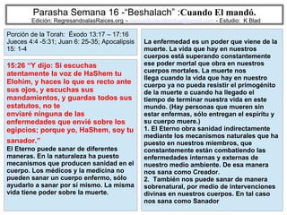 49
Parasha Semana 16 -“Beshalach” :Cuando El mandó.
Edición: RegresandoalasRaices.org – mesianicoscolombia@gmail.com - Estudio: K Blad
La enfermedad es un poder que viene de la
muerte. La vida que hay en nuestros
cuerpos está superando constantemente
ese poder mortal que obra en nuestros
cuerpos mortales. La muerte nos
llega cuando la vida que hay en nuestro
cuerpo ya no pueda resistir el primogénito
de la muerte o cuando ha llegado el
tiempo de terminar nuestra vida en este
mundo. (Hay personas que mueren sin
estar enfermas, sólo entregan el espíritu y
su cuerpo muere.)
1. El Eterno obra sanidad indirectamente
mediante los mecanismos naturales que ha
puesto en nuestros miembros, que
constantemente están combatiendo las
enfermedades internas y externas de
nuestro medio ambiente. De esa manera
nos sana como Creador.
2. También nos puede sanar de manera
sobrenatural, por medio de intervenciones
divinas en nuestros cuerpos. En tal caso
nos sana como Sanador
15:26 “Y dijo: Si escuchas
atentamente la voz de HaShem tu
Elohim, y haces lo que es recto ante
sus ojos, y escuchas sus
mandamientos, y guardas todos sus
estatutos, no te
enviaré ninguna de las
enfermedades que envié sobre los
egipcios; porque yo, HaShem, soy tu
sanador.”
El Eterno puede sanar de diferentes
maneras. En la naturaleza ha puesto
mecanismos que producen sanidad en el
cuerpo. Los médicos y la medicina no
pueden sanar un cuerpo enfermo, sólo
ayudarlo a sanar por sí mismo. La misma
vida tiene poder sobre la muerte.
Porción de la Torah: Éxodo 13:17 – 17:16
Jueces 4:4 -5:31; Juan 6: 25-35; Apocalipsis
15: 1-4
 