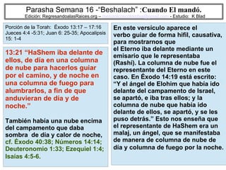 5
Parasha Semana 16 -“Beshalach” :Cuando El mandó.
Edición: RegresandoalasRaices.org – mesianicoscolombia@gmail.com - Estudio: K Blad
En este versículo aparece el
verbo guiar de forma hifil, causativa,
para mostrarnos que
el Eterno iba delante mediante un
emisario que le representaba
(Rashí). La columna de nube fue el
representante del Eterno en este
caso. En Éxodo 14:19 está escrito:
“Y el ángel de Elohim que había ido
delante del campamento de Israel,
se apartó, e iba tras ellos; y la
columna de nube que había ido
delante de ellos, se apartó, y se les
puso detrás.” Esto nos enseña que
el representante de HaShem era un
malaj, un ángel, que se manifestaba
de manera de columna de nube de
día y columna de fuego por la noche.
13:21 “HaShem iba delante de
ellos, de día en una columna
de nube para hacerlos guiar
por el camino, y de noche en
una columna de fuego para
alumbrarlos, a fin de que
anduvieran de día y de
noche.”
También había una nube encima
del campamento que daba
sombra de día y calor de noche,
cf. Éxodo 40:38; Números 14:14;
Deuteronomio 1:33; Ezequiel 1:4;
Isaías 4:5-6.
Porción de la Torah: Éxodo 13:17 – 17:16
Jueces 4:4 -5:31; Juan 6: 25-35; Apocalipsis
15: 1-4
 
