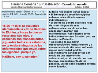 50
Parasha Semana 16 -“Beshalach” :Cuando El mandó.
Edición: RegresandoalasRaices.org – mesianicoscolombia@gmail.com - Estudio: K Blad
El texto nos enseña varias cosas:
• El Eterno puso sobre los egipcios
enfermedades (directamente e
indirectamente).
• El Eterno no pondrá sobre los hijos
de Israel ninguna de esas
enfermedades cuando escuchan,
obedecen y guardan sus
mandamientos. Así el Eterno actúa
indirectamente como Sanador, pero en
función de Protector.
• En el caso de que hayan
desobedecido los mandamientos y a
consecuencia de ello están sufriendo
alguna enfermedad, podrán
experimentar la sanidad divina por
medio de una intervención
sobrenatural, en el caso de que haya
teshuvá, arrepentimiento de los
pecados. En ese caso el Eterno actuará
como Sanador.
15:26 “Y dijo: Si escuchas
atentamente la voz de HaShem
tu Elohim, y haces lo que es
recto ante sus ojos, y
escuchas sus mandamientos,
y guardas todos sus estatutos,
no te enviaré ninguna de las
enfermedades que envié sobre
los egipcios; porque yo,
HaShem, soy tu sanador.”
Porción de la Torah: Éxodo 13:17 – 17:16
Jueces 4:4 -5:31; Juan 6: 25-35; Apocalipsis
15: 1-4
 