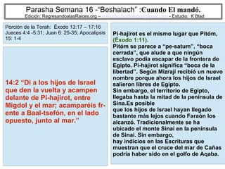 6
Parasha Semana 16 -“Beshalach” :Cuando El mandó.
Edición: RegresandoalasRaices.org – mesianicoscolombia@gmail.com - Estudio: K Blad
Pi-hajirot es el mismo lugar que Pitóm,
(Éxodo 1:11).
Pitóm se parece a “pe-satum”, “boca
cerrada”, que alude a que ningún
esclavo podía escapar de la frontera de
Egipto. Pi-hajirot significa “boca de la
libertad”. Según Mizrají recibió un nuevo
nombre porque ahora los hijos de Israel
salieron libres de Egipto.
Sin embargo, el territorio de Egipto,
llegaba hasta la mitad de la península de
Sina.Es posible
que los hijos de Israel hayan llegado
bastante más lejos cuando Faraón los
alcanzó. Tradicionalmente se ha
ubicado el monte Sinai en la península
de Sinai. Sin embargo,
hay indicios en las Escrituras que
muestran que el cruce del mar de Cañas
podría haber sido en el golfo de Aqaba.
14:2 “Di a los hijos de Israel
que den la vuelta y acampen
delante de Pi-hajirot, entre
Migdol y el mar; acamparéis fr-
ente a Baal-tsefón, en el lado
opuesto, junto al mar.”
Porción de la Torah: Éxodo 13:17 – 17:16
Jueces 4:4 -5:31; Juan 6: 25-35; Apocalipsis
15: 1-4
 