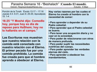 66
Parasha Semana 16 -“Beshalach” :Cuando El mandó.
Edición: RegresandoalasRaices.org – mesianicoscolombia@gmail.com - Estudio: K Blad
Hay varias razones por las cuales el
Eterno ha creado al hombre con la
necesidad de comer:
• Para aprender a depender de su
Padre celestial.
• Para aprender que el Padre celestial
es bueno.
• Para tener una ocupación diaria y no
caer en la ociosidad.
• Para poder de relacionarse con otros
de manera profunda.
• Para poder suplir las necesidades
nutritivas del cuerpo.
• Para poder aprender las verdades
eternas del cielo.
• Para aprender a obedecer los
mandamientos.
16:25 “Y Moshé dijo: Comedlo
hoy, porque hoy es día de
reposo para HaShem; hoy no
lo hallaréis en el campo.”
Las Escrituras nos muestran
que nuestra relación con la
comida está conectada con
nuestra relación con el Eterno.
El primer pecado fue por una
comida prohibida. La comida
fue creada para que el hombre
aprenda a obedecer al Eterno.
Porción de la Torah: Éxodo 13:17 – 17:16
Jueces 4:4 -5:31; Juan 6: 25-35; Apocalipsis
15: 1-4
 