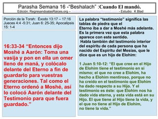 69
Parasha Semana 16 -“Beshalach” :Cuando El mandó.
Edición: RegresandoalasRaices.org – mesianicoscolombia@gmail.com - Estudio: K Blad
La palabra “testimonio” significa las
tablas de piedra que el
Eterno iba a dar a Moshé más adelante.
Es la primera vez que esta palabra
aparece con este sentido.
Habla también del testimonio interior
del espíritu de cada persona que ha
nacido del Espíritu del Mesías, que le
dice que es un hijo de Elohim:
1 Juan 5:10-12: “El que cree en el Hijo
de Elohim tiene el testimonio en sí
mismo; el que no cree a Elohim, ha
hecho a Elohim mentiroso, porque no
ha creído en el testimonio que Elohim
ha dado respecto a su Hijo. Y el
testimonio es éste: que Elohim nos ha
dado vida eterna, y esta vida está en su
Hijo. El que tiene al Hijo tiene la vida, y
el que no tiene al Hijo de Elohim,
no tiene la vida.”
16:33-34 “Entonces dijo
Moshé a Aarón: Toma una
vasija y pon en ella un omer
lleno de maná, y colócalo
delante del Eterno a fin de
guardarlo para vuestras
generaciones. Tal como el
Eterno ordenó a Moshé, así
lo colocó Aarón delante del
Testimonio para que fuera
guardado.”
Porción de la Torah: Éxodo 13:17 – 17:16
Jueces 4:4 -5:31; Juan 6: 25-35; Apocalipsis
15: 1-4
 