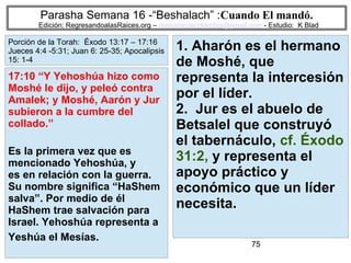 75
Parasha Semana 16 -“Beshalach” :Cuando El mandó.
Edición: RegresandoalasRaices.org – mesianicoscolombia@gmail.com - Estudio: K Blad
1. Aharón es el hermano
de Moshé, que
representa la intercesión
por el líder.
2. Jur es el abuelo de
Betsalel que construyó
el tabernáculo, cf. Éxodo
31:2, y representa el
apoyo práctico y
económico que un líder
necesita.
17:10 “Y Yehoshúa hizo como
Moshé le dijo, y peleó contra
Amalek; y Moshé, Aarón y Jur
subieron a la cumbre del
collado.”
Es la primera vez que es
mencionado Yehoshúa, y
es en relación con la guerra.
Su nombre significa “HaShem
salva”. Por medio de él
HaShem trae salvación para
Israel. Yehoshúa representa a
Yeshúa el Mesías.
Porción de la Torah: Éxodo 13:17 – 17:16
Jueces 4:4 -5:31; Juan 6: 25-35; Apocalipsis
15: 1-4
 