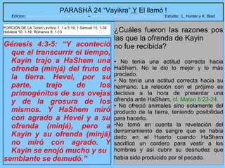 12
PARASHÁ 24 “Vayikra” Y El llamó !
Edicion: Regresando a las Raices de la Fe – regresandoalasraicesdelafe@gmail.com Estudio: L. Hunter y K. Blad
Génesis 4:3-5: “Y aconteció
que al transcurrir el tiempo,
Kayin trajo a HaShem una
ofrenda (minjá) del fruto de
la tierra. Hevel, por su
parte, trajo de los
primogénitos de sus ovejas
y de la grosura de los
mismos. Y HaShem miró
con agrado a Hevel y a su
ofrenda (minjá), pero a
Kayin y su ofrenda (minjá)
no miró con agrado. Y
Kayin se enojó mucho y su
semblante se demudó.”
¿Cuáles fueron las razones pos
las que la ofrenda de Kayin
no fue recibida?
• No tenía una actitud correcta hacia
HaShem. No le dio lo mejor y lo más
preciado.
• No tenía una actitud correcta hacia su
hermano. La relación con el prójimo es
decisiva a la hora de presentar una
ofrenda ante HaShem, cf. Mateo 5:23-24.
• No ofreció animales sino solamente del
producto de la tierra, teniendo posibilidad
para hacerlo.
•No tomó en cuenta la revelación del
derramamiento de sangre que se había
dado en el Huerto cuando HaShem
sacrificó un cordero para vestir a los
hombres y así cubrir su desnudez que
había sido producido por el pecado.
PORCIÓN DE LA Torah:Levítico 1: 1 a 5:19; 1 Samuel 15: 1-34
Hebreos 10: 1-18; Romanos 8: 1-13
 