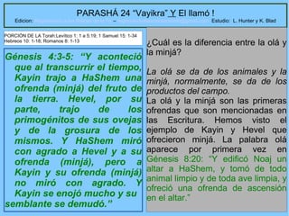 13
PARASHÁ 24 “Vayikra” Y El llamó !
Edicion: Regresando a las Raices de la Fe – regresandoalasraicesdelafe@gmail.com Estudio: L. Hunter y K. Blad
Génesis 4:3-5: “Y aconteció
que al transcurrir el tiempo,
Kayin trajo a HaShem una
ofrenda (minjá) del fruto de
la tierra. Hevel, por su
parte, trajo de los
primogénitos de sus ovejas
y de la grosura de los
mismos. Y HaShem miró
con agrado a Hevel y a su
ofrenda (minjá), pero a
Kayin y su ofrenda (minjá)
no miró con agrado. Y
Kayin se enojó mucho y su
semblante se demudó.”
¿Cuál es la diferencia entre la olá y
la minjá?
La olá se da de los animales y la
minjá, normalmente, se da de los
productos del campo.
La olá y la minjá son las primeras
ofrendas que son mencionadas en
las Escritura. Hemos visto el
ejemplo de Kayin y Hevel que
ofrecieron minjá. La palabra olá
aparece por primera vez en
Génesis 8:20: “Y edificó Noaj un
altar a HaShem, y tomó de todo
animal limpio y de toda ave limpia, y
ofreció una ofrenda de ascensión
en el altar.”
PORCIÓN DE LA Torah:Levítico 1: 1 a 5:19; 1 Samuel 15: 1-34
Hebreos 10: 1-18; Romanos 8: 1-13
 