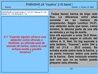 31
PARASHÁ 24 “Vayikra” Y El llamó !
Edicion: Regresando a las Raices de la Fe – regresandoalasraicesdelafe@gmail.com Estudio: L. Hunter y K. Blad
2:1 “Cuando alguien ofrezca una
oblación como ofrenda a
HaShem, su ofrenda será de
sémola de harina, sobre la cual
echará aceite y pondrá
incienso.”
Todas tienen harina de trigo más
fina. La diferencia entre ellas
consiste en su manera de
preparación. Según Levítico 14:21,
una oblación tenía que tener, como
mínimo, la décima parte de una efá
se sémola y un log de aceite.
Una efá equivale a unos 24.8 litros,
(6.55 galones) según el cálculo del
rabino A. H. Naé. Un log equivale a
seis beitsim, “huevos”, entre 344 y
602 ml (11.6 – 20.5 onzas). Se
echaba aceite sobre toda la harina, y
se ponía incienso sobre una parte
de la harina. Este versículo enseña
que uno que no es kohén puede
preparar esta ofrenda.
PORCIÓN DE LA Torah:Levítico 1: 1 a 5:19; 1 Samuel 15: 1-34
Hebreos 10: 1-18; Romanos 8: 1-13
 